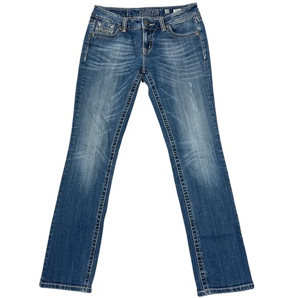 Miss Me Y2K Low-Rise Easy Straight Jeans Sz 28 Bling Rhinestones Western Rodeo - Picture 1 of 11